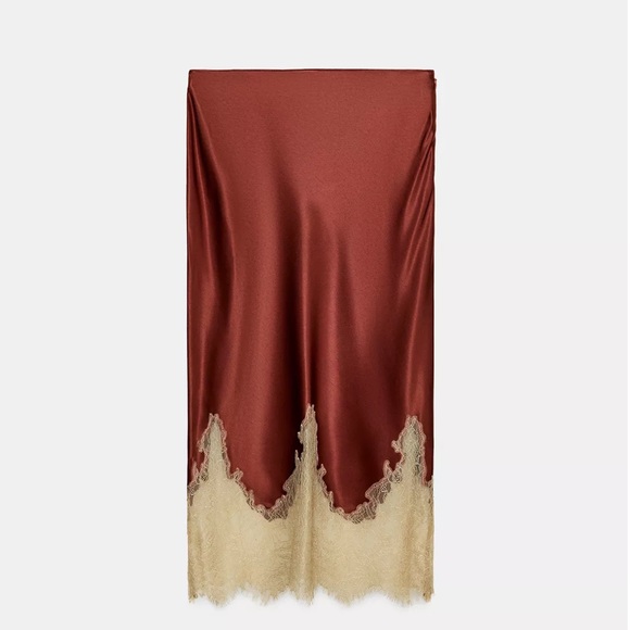 Zara Satin Skirt in Rust and Cream Lace - Picture 6 of 10